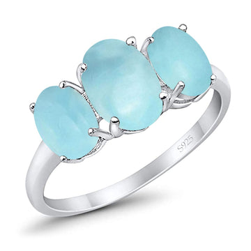 3-Stone Oval Simulated Larimar Fashion Ring 925 Sterling Silver